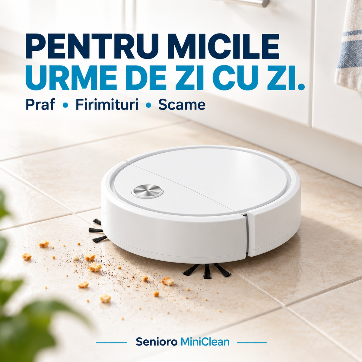 MiniClean alb lângă firimituri uscate, pe gresie