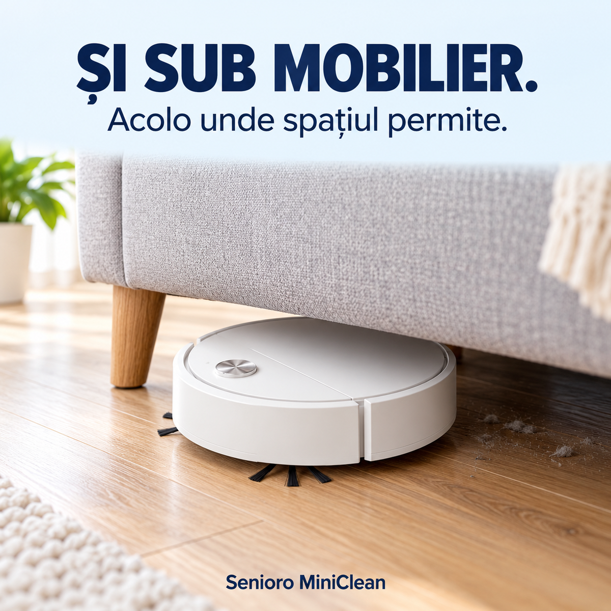Mini-robotul alb sub canapea, într-un spațiu cu suficientă înălțime