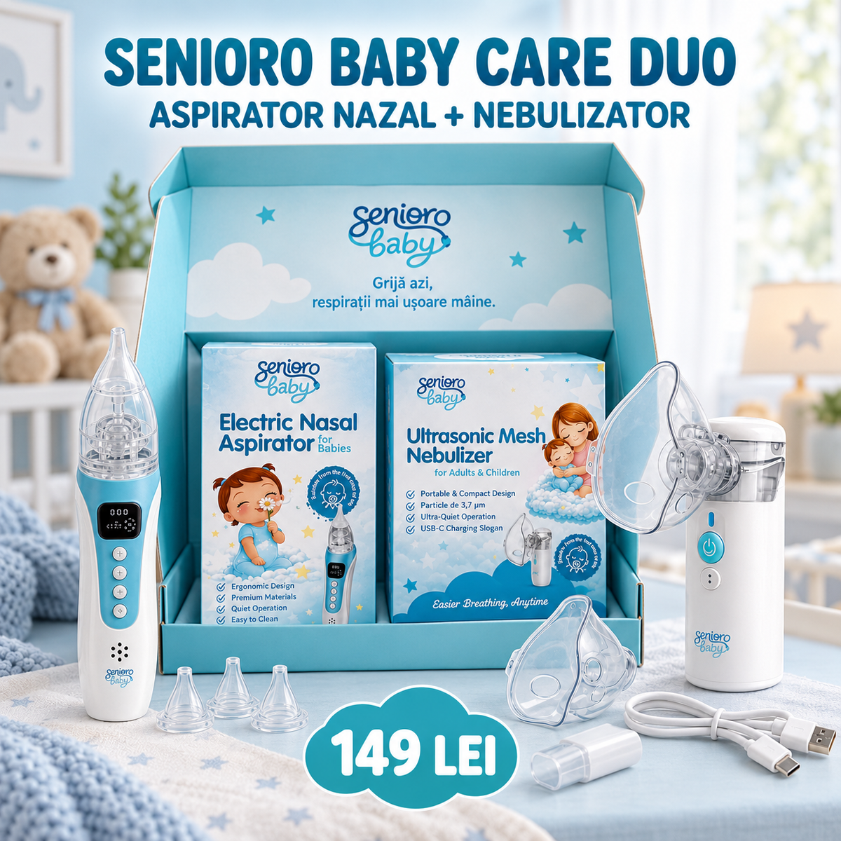 Senioro Baby Care Duo cu nebulizator și aspirator nazal