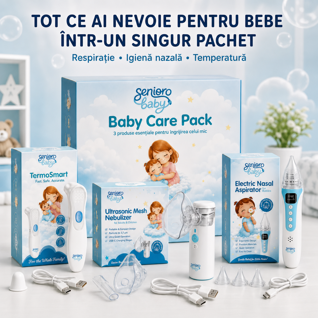Senioro Baby Care Pack cu nebulizator, aspirator nazal și termometru